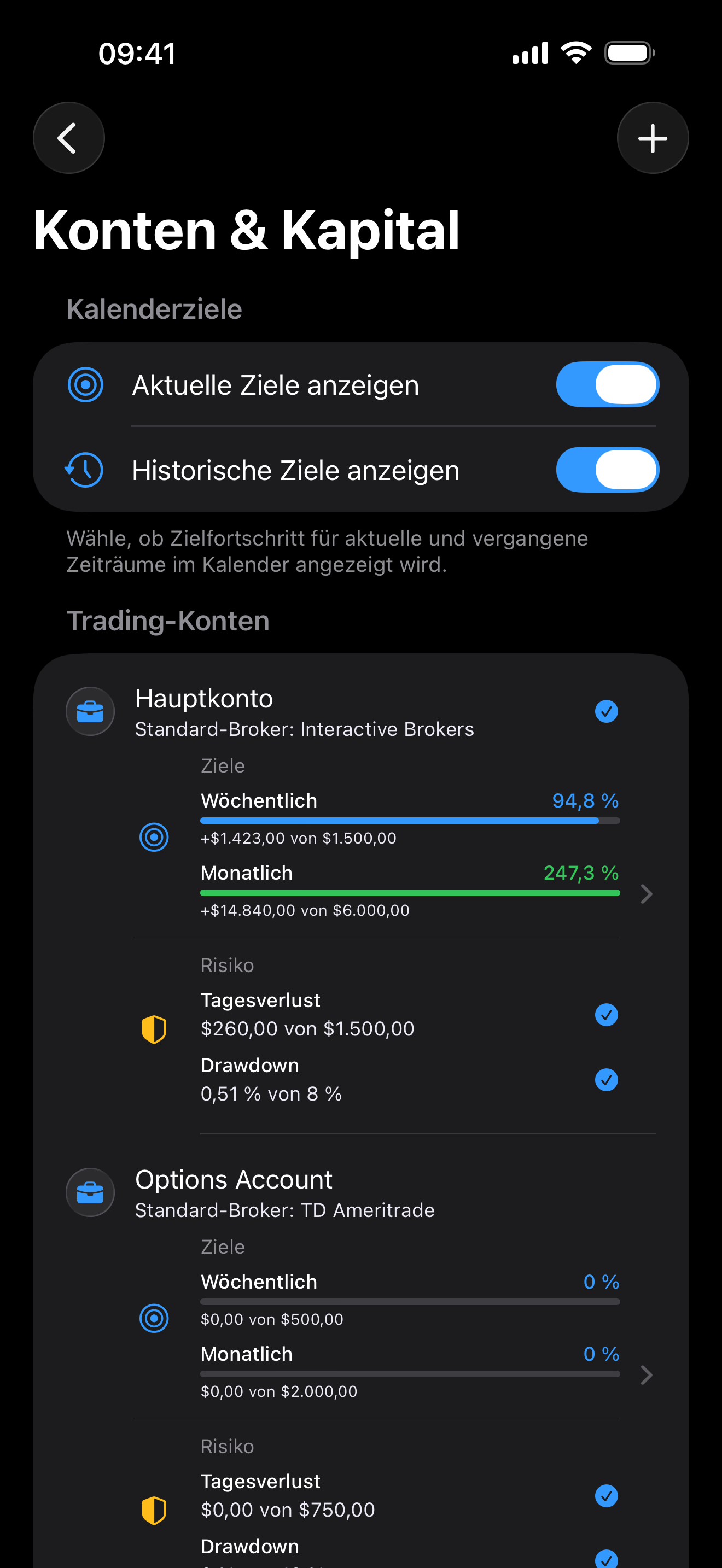 Accounts and capital settings inside Proloca