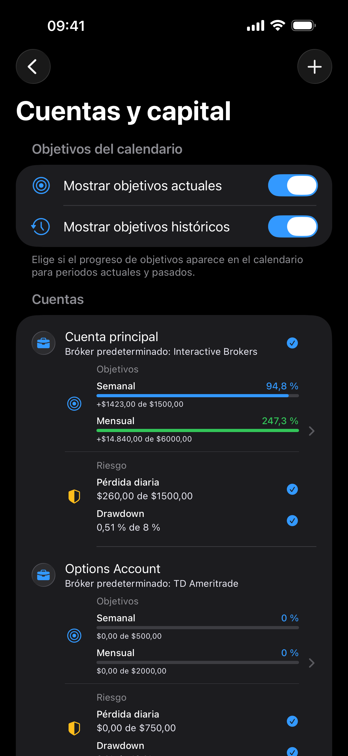 Accounts and capital settings inside Proloca