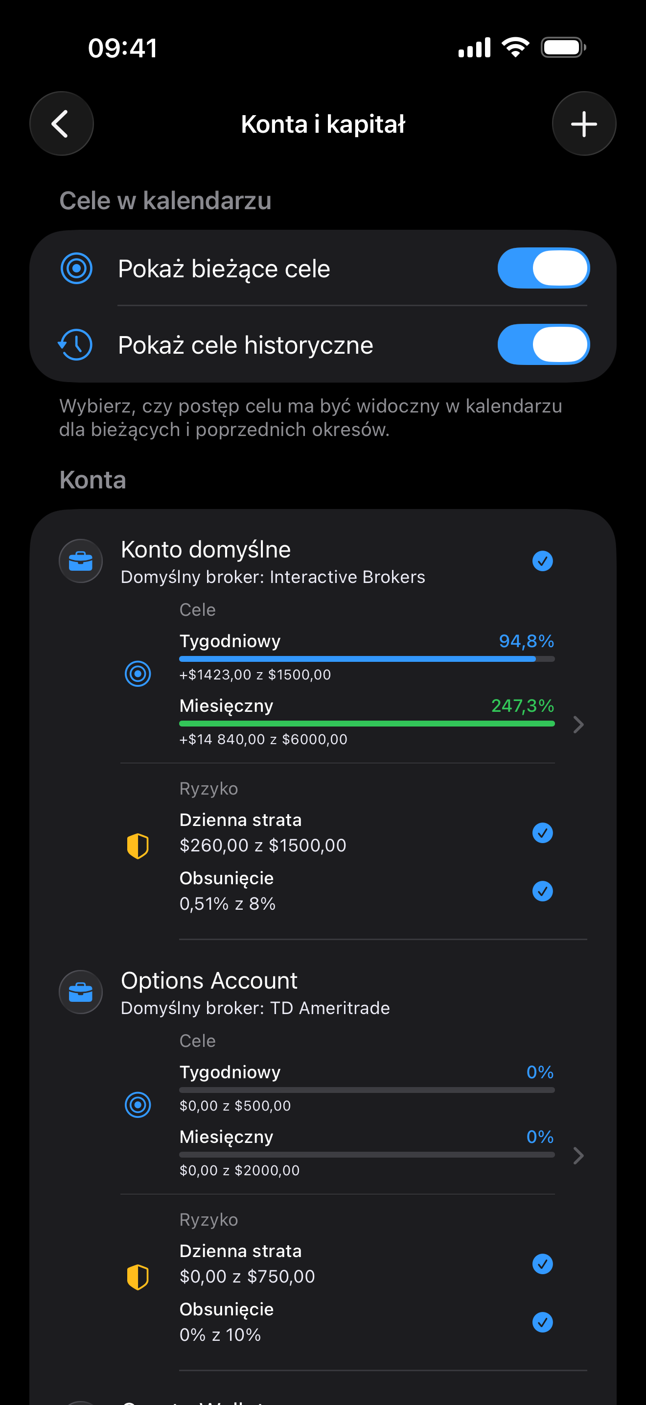 Accounts and capital settings inside Proloca