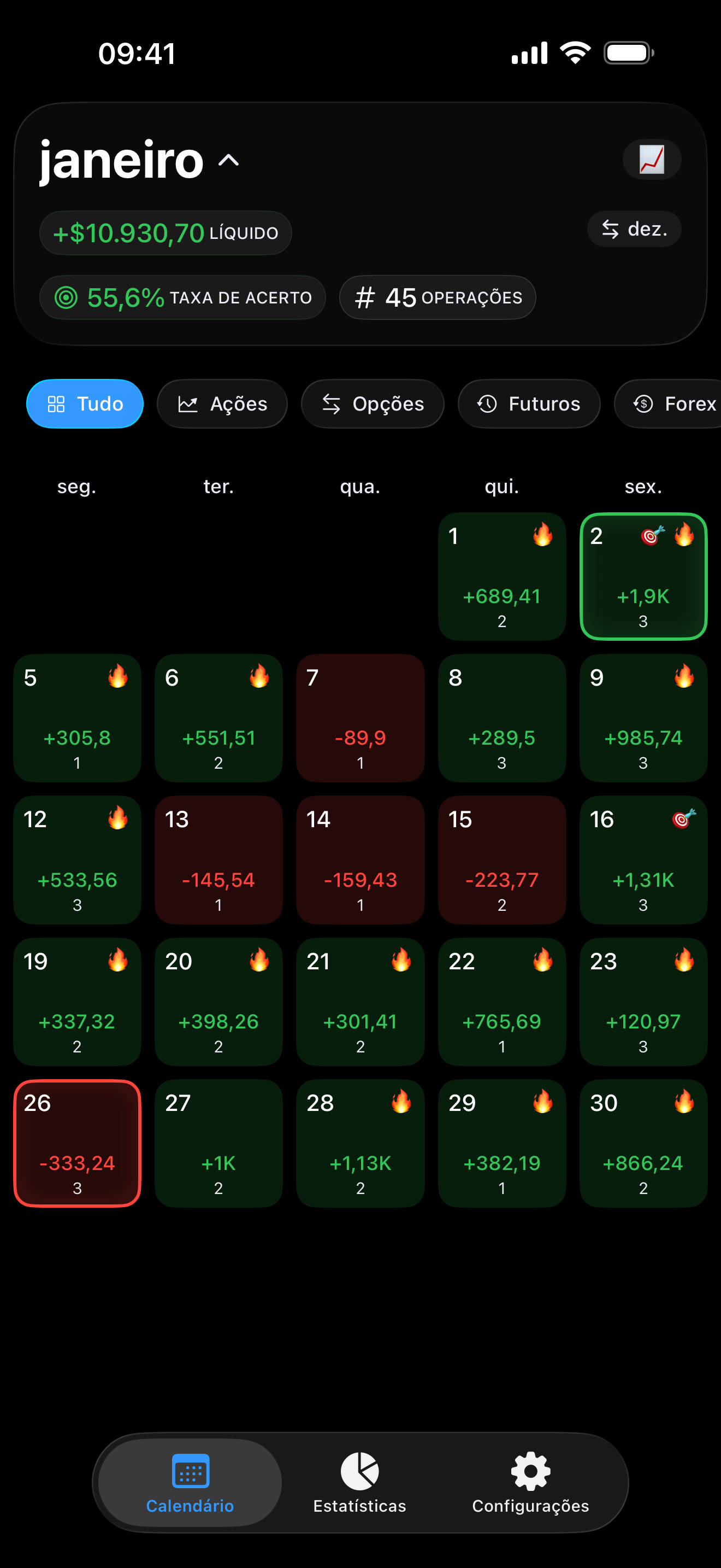 Visualização de calendário do Proloca no iPhone